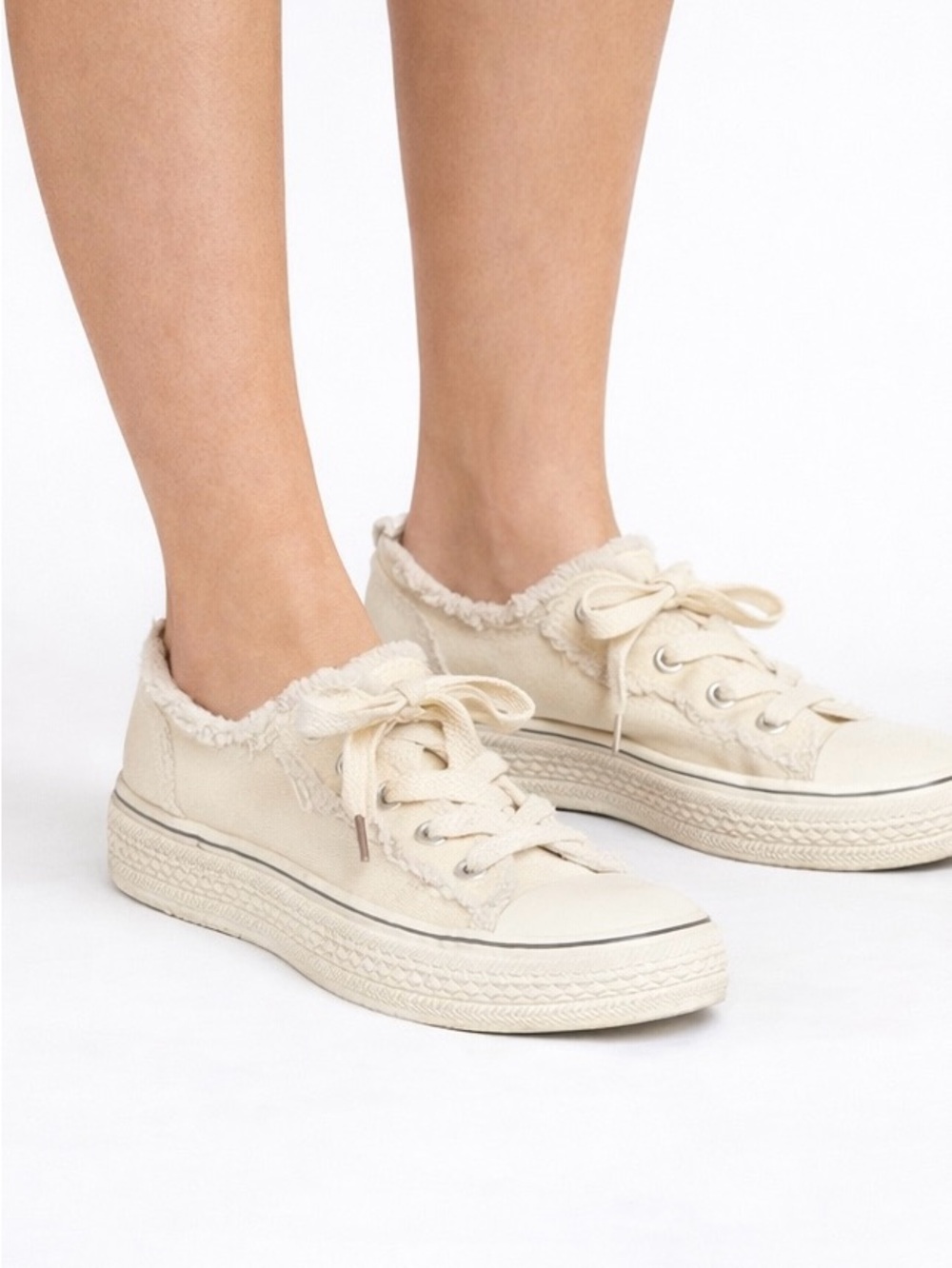 Women’s Cream Canvas Sneakers with Distressed Fringe Edges - Size 9